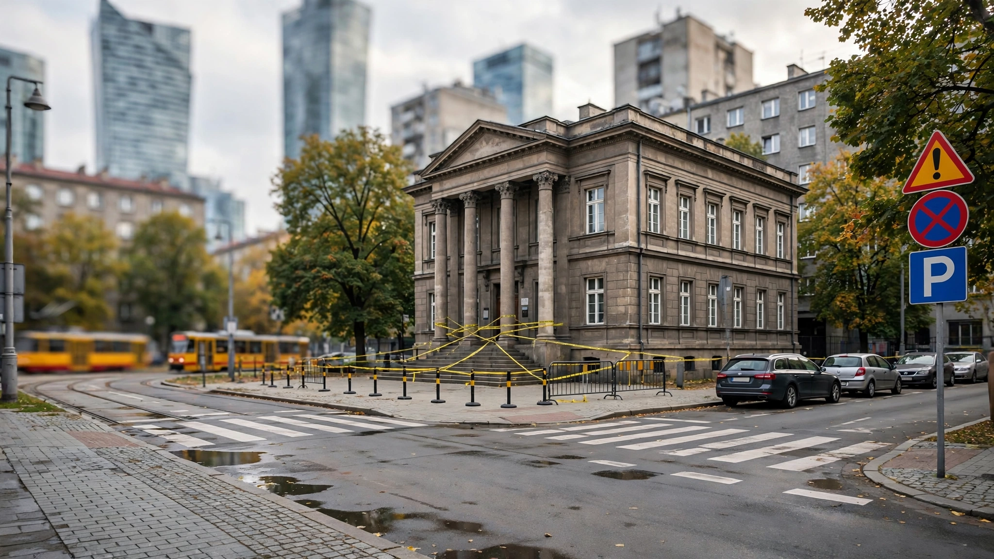 Budynek sądu i policyjna taśma zabezpieczająca miejsce przeszukania