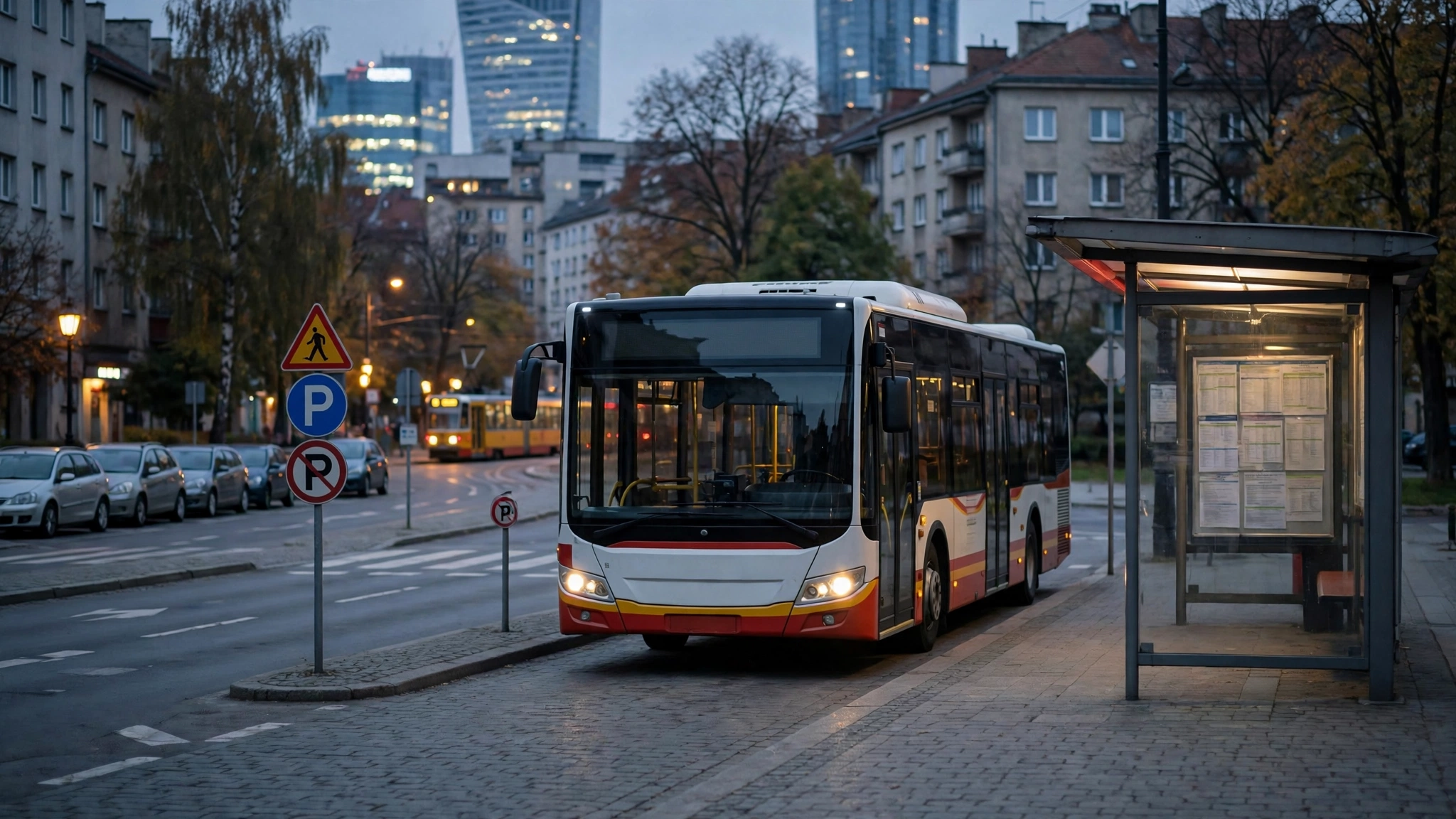 Autobus miejski na przystanku w Warszawie w godzinach wieczornych