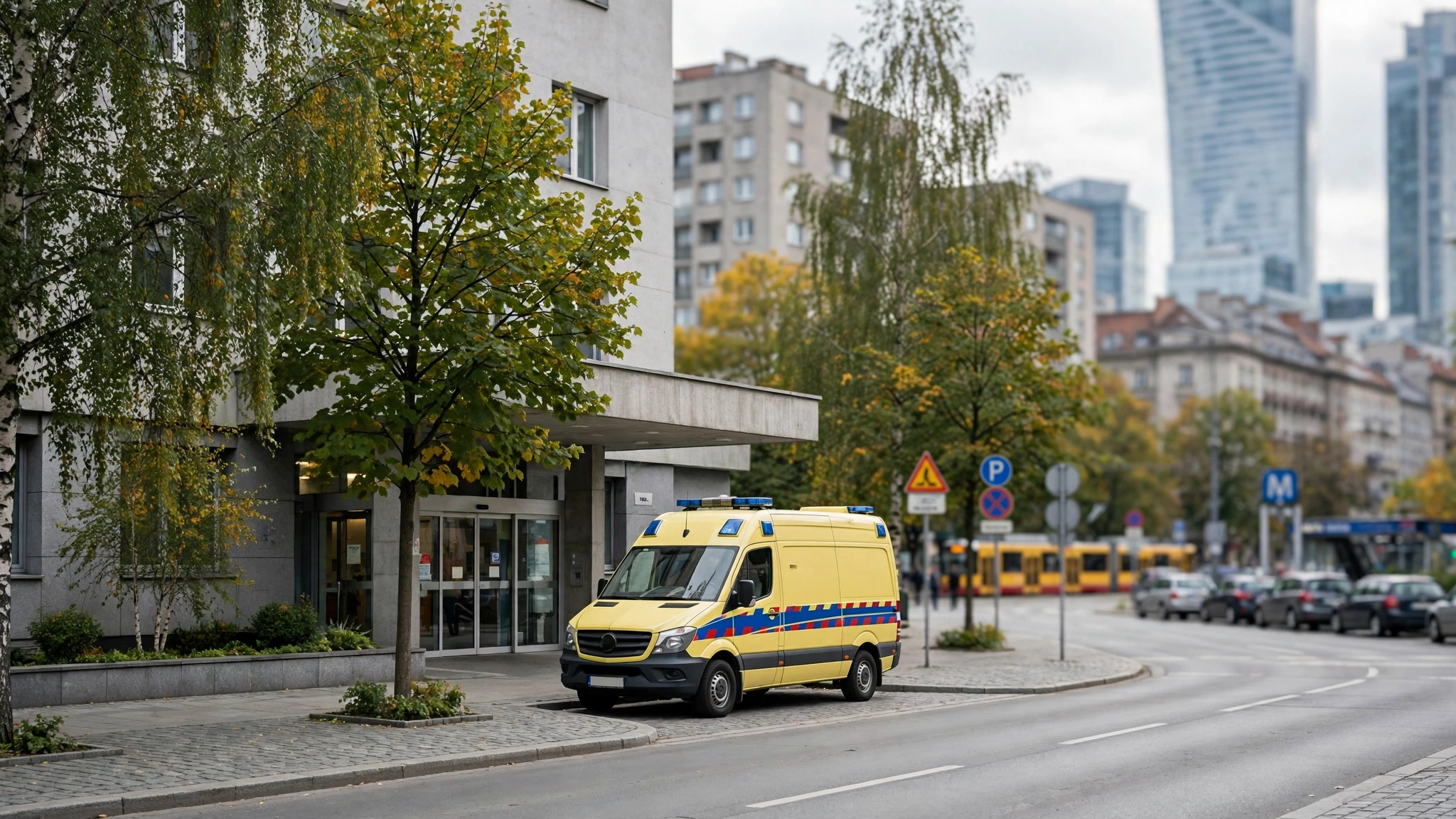 Wejście do szpitalnego oddziału ratunkowego z karetką pogotowia przed budynkiem