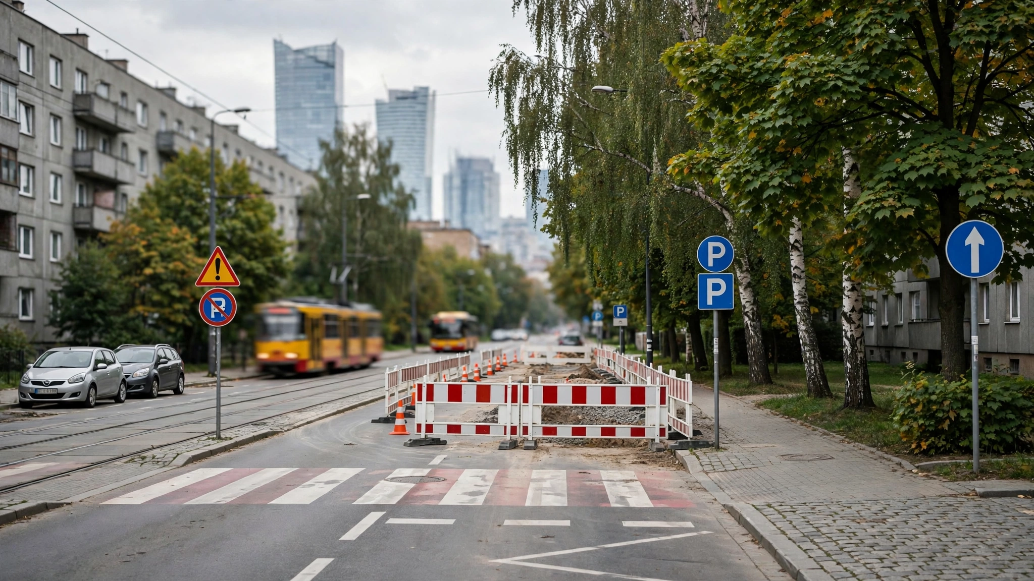 Ulica na Bielanach w Warszawie z jezdnią, chodnikiem i zieleńcem