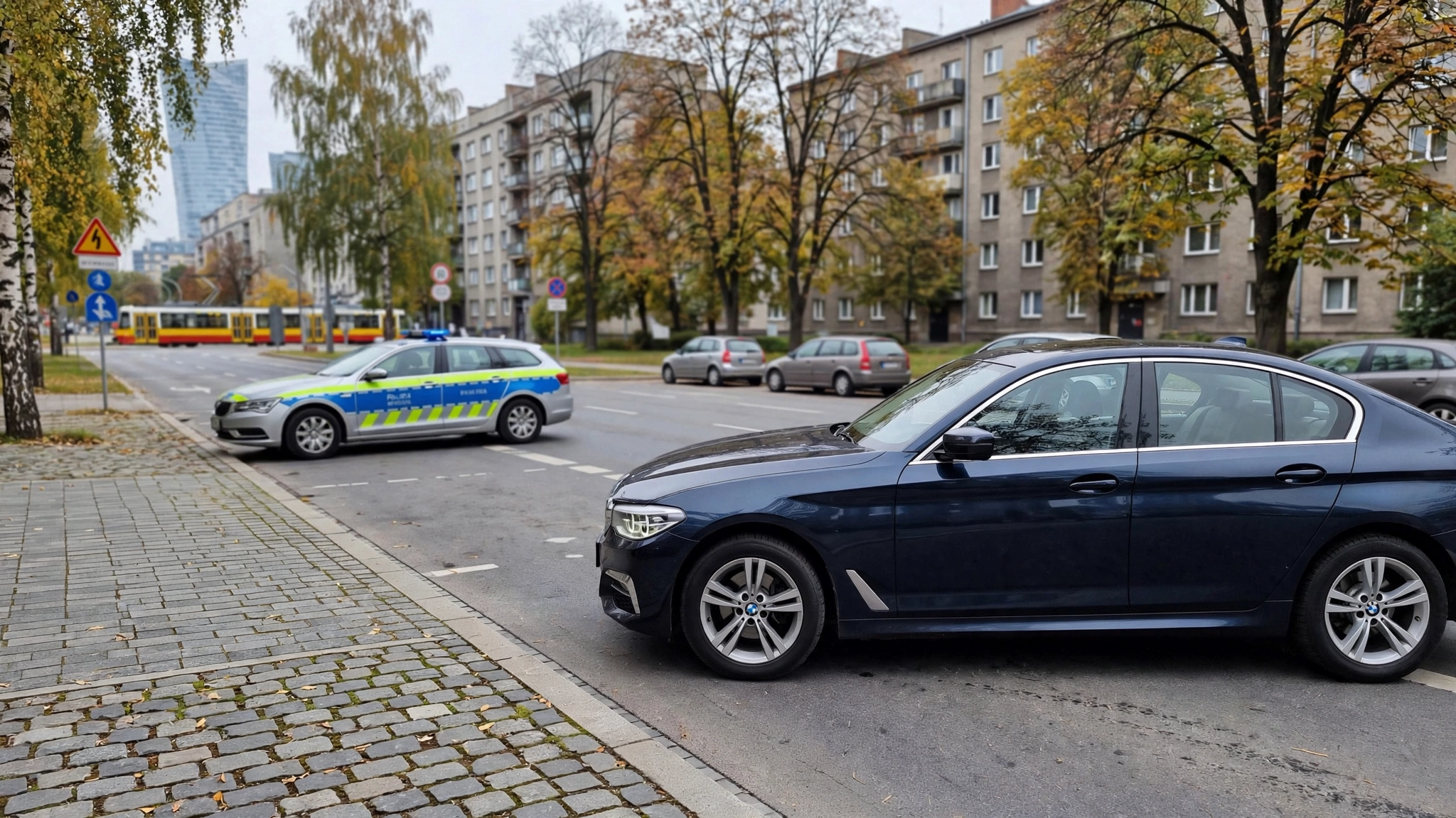 Samochód BMW na drodze pod Karpinem po interwencji policji