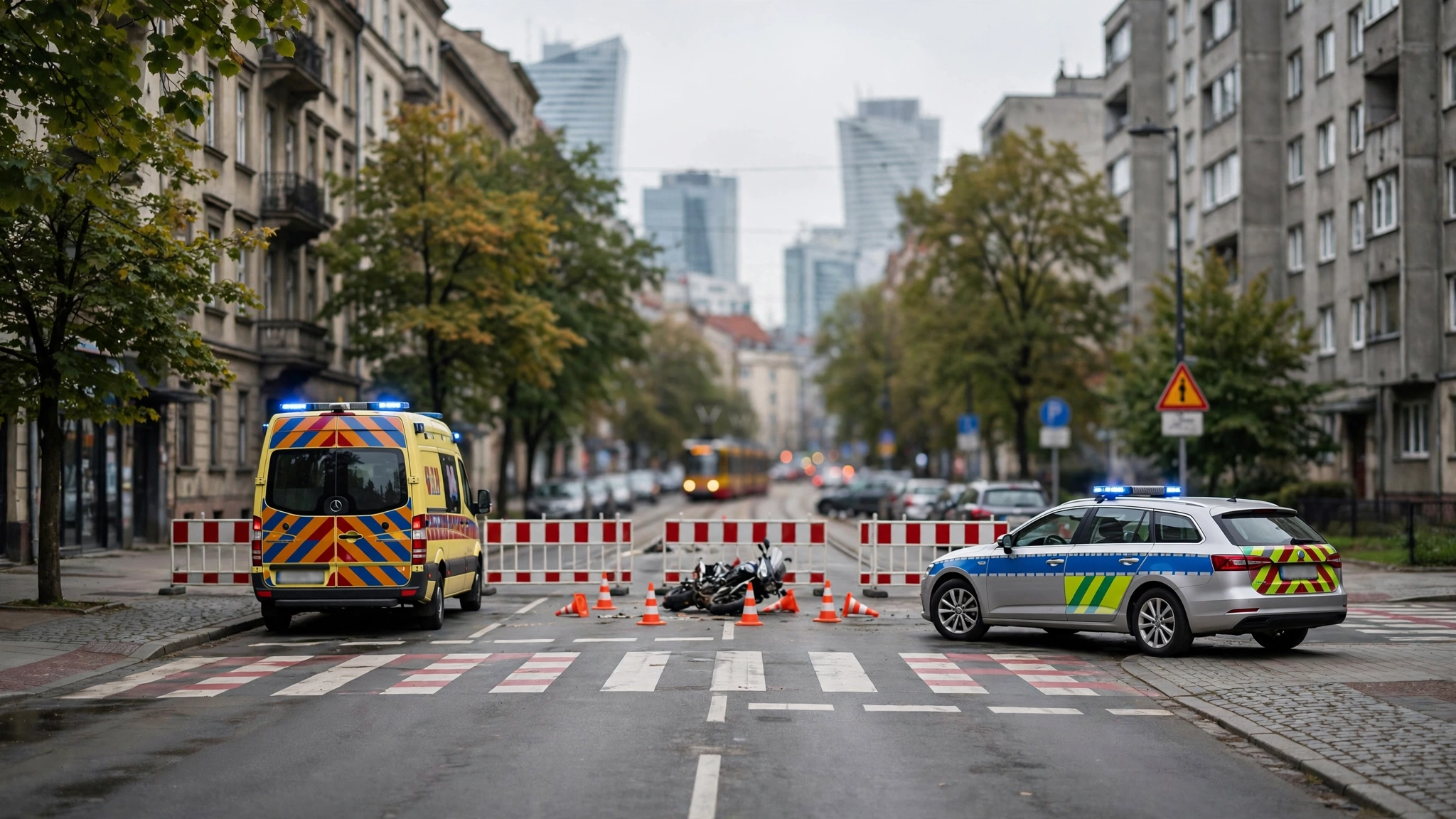 Zablokowana ulica z karetką i radiowozem policji na miejscu wypadku motocyklowego