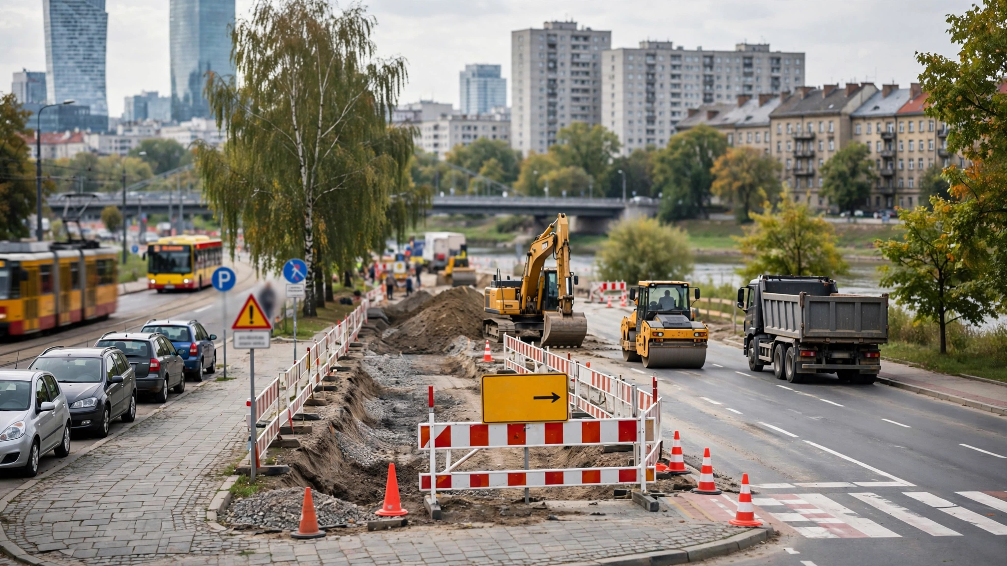 Plac budowy drogi ekspresowej w okolicach Warszawy z maszynami drogowymi