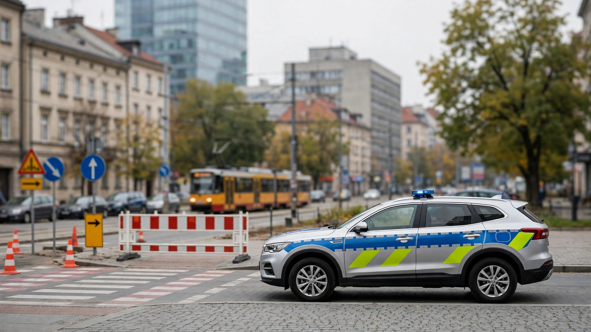 Radiowóz policji na ulicy w centrum Warszawy