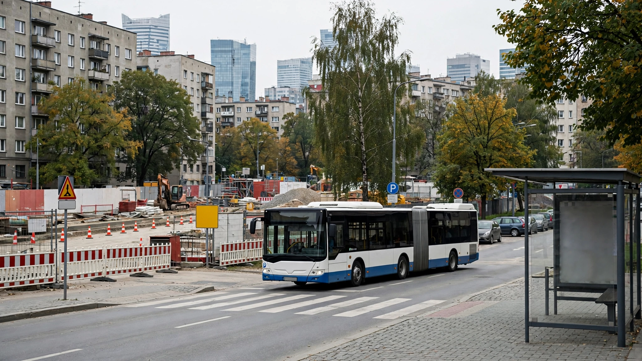 Autobus miejski ZTM na ulicy w Warszawie w pobliżu budowy metra na Bemowie