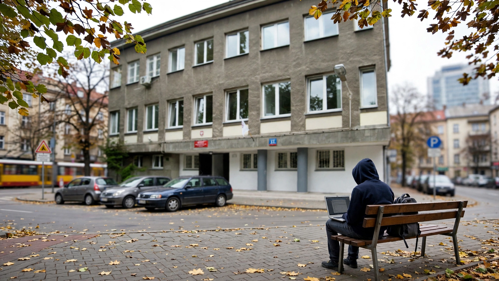 Uczeń z laptopem na tle budynku XIV Liceum Ogólnokształcącego im. Stanisława Staszica w Warszawie