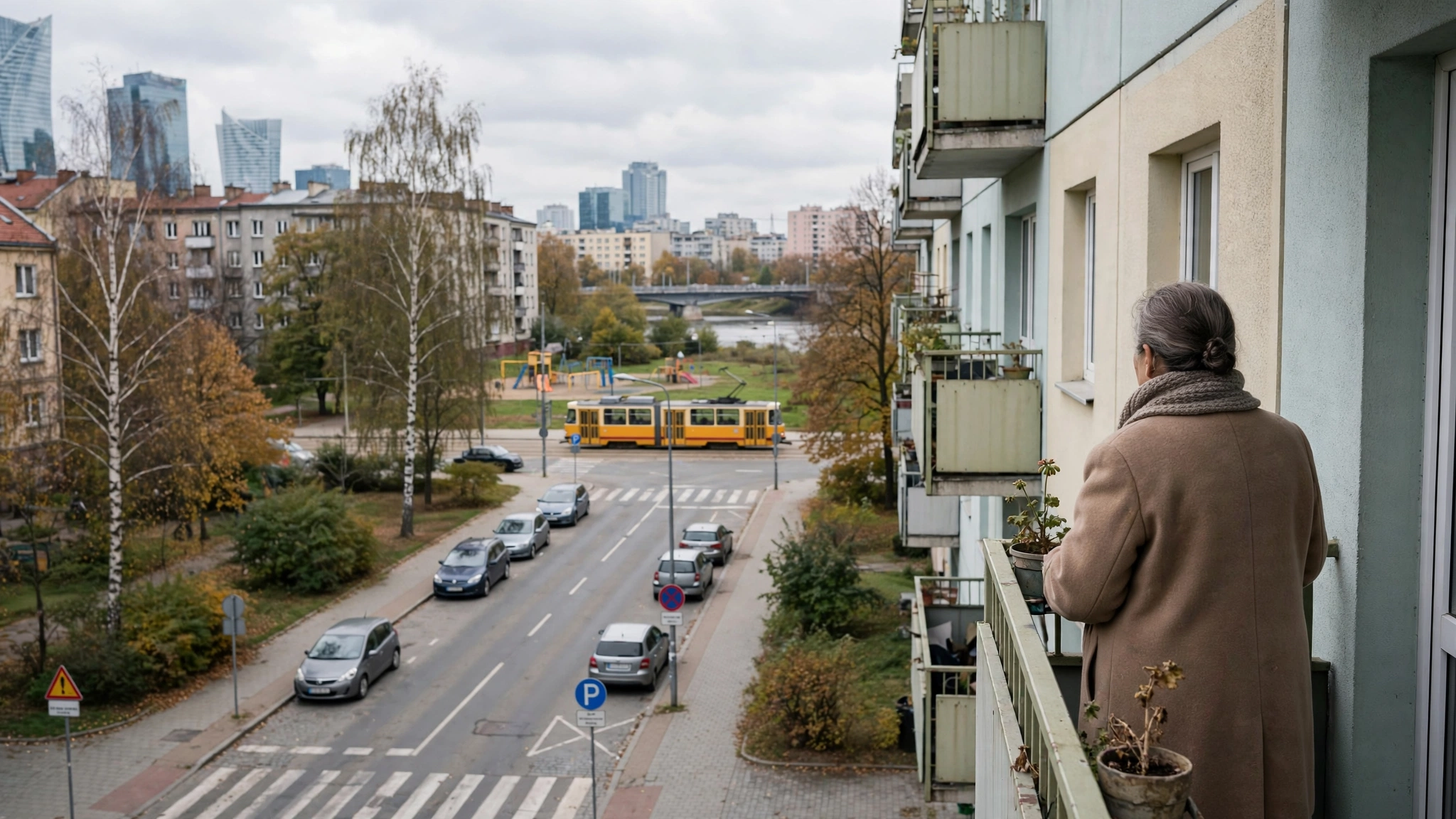 Starsza kobieta stojąca na balkonie wielopiętrowego bloku w Warszawie