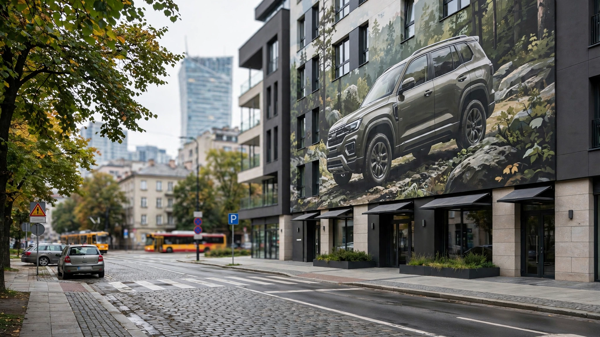 Wielkoformatowy mural reklamowy z SUV-em na elewacji nowego aparthotelu przy ul. Smolnej w Warszawie