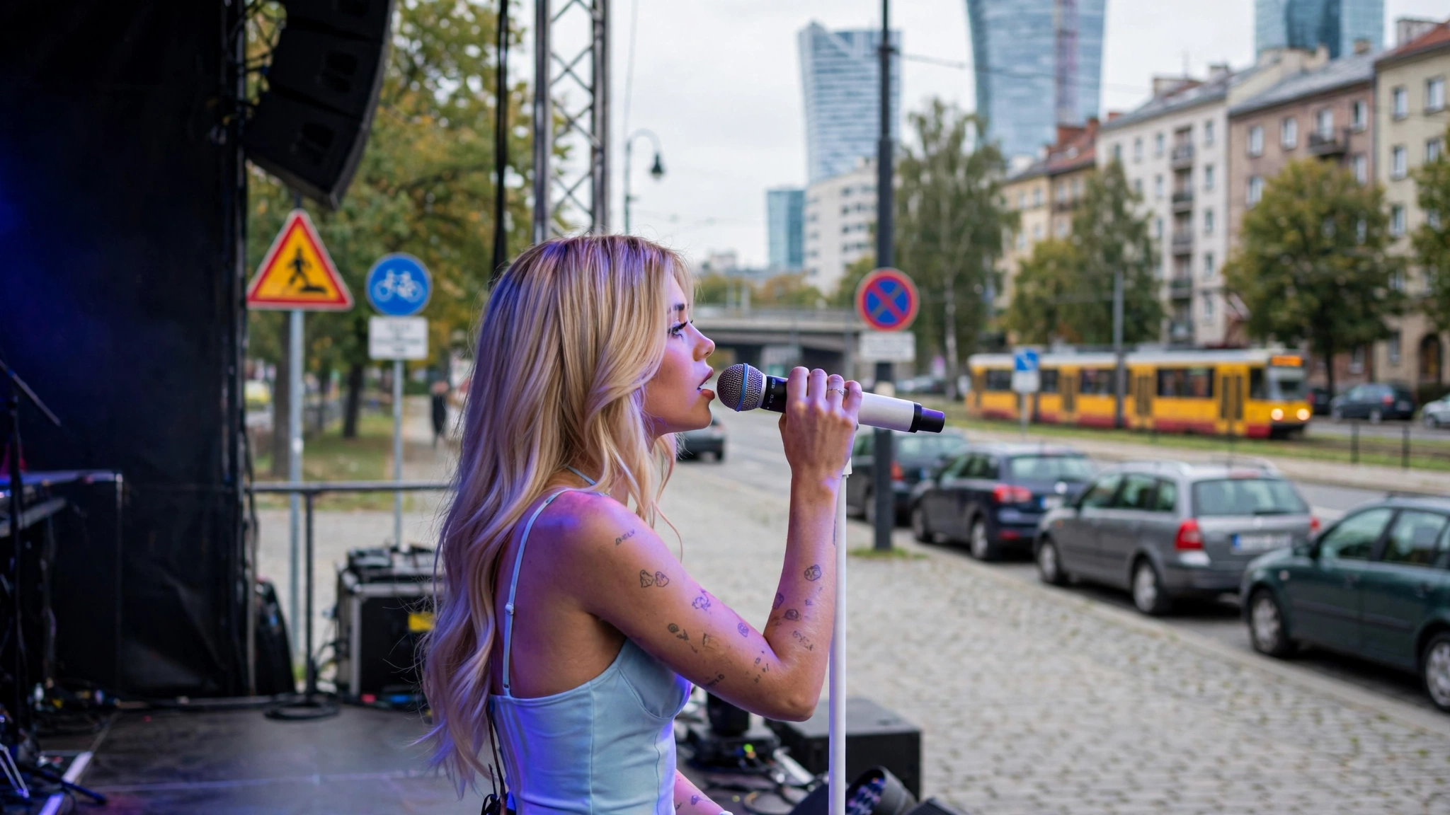 Nessa Barrett podczas koncertu na scenie, oświetlona mrocznym, kolorowym światłem