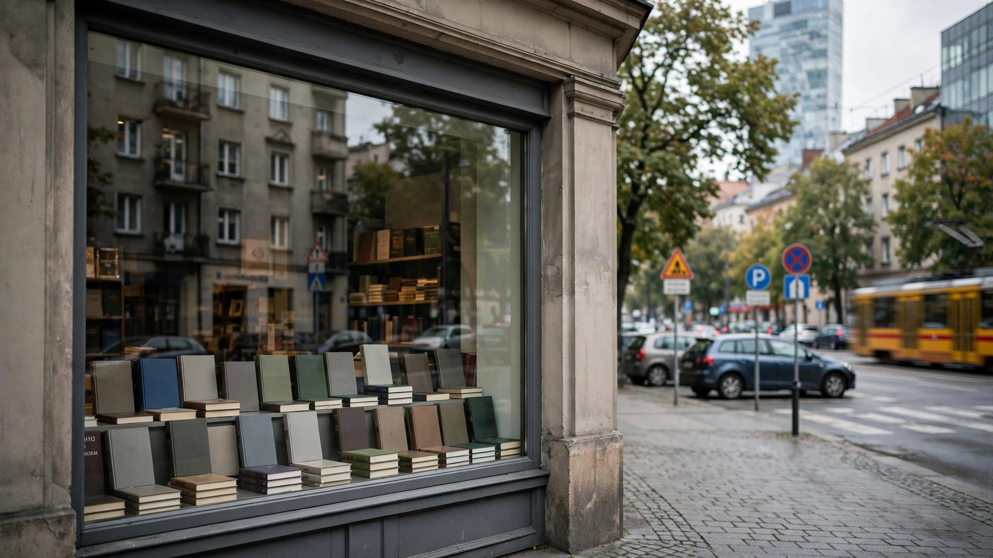 Witryna Księgarni Uniwersyteckiej przy Krakowskim Przedmieściu z książkami Wydawnictw Uniwersytetu Warszawskiego