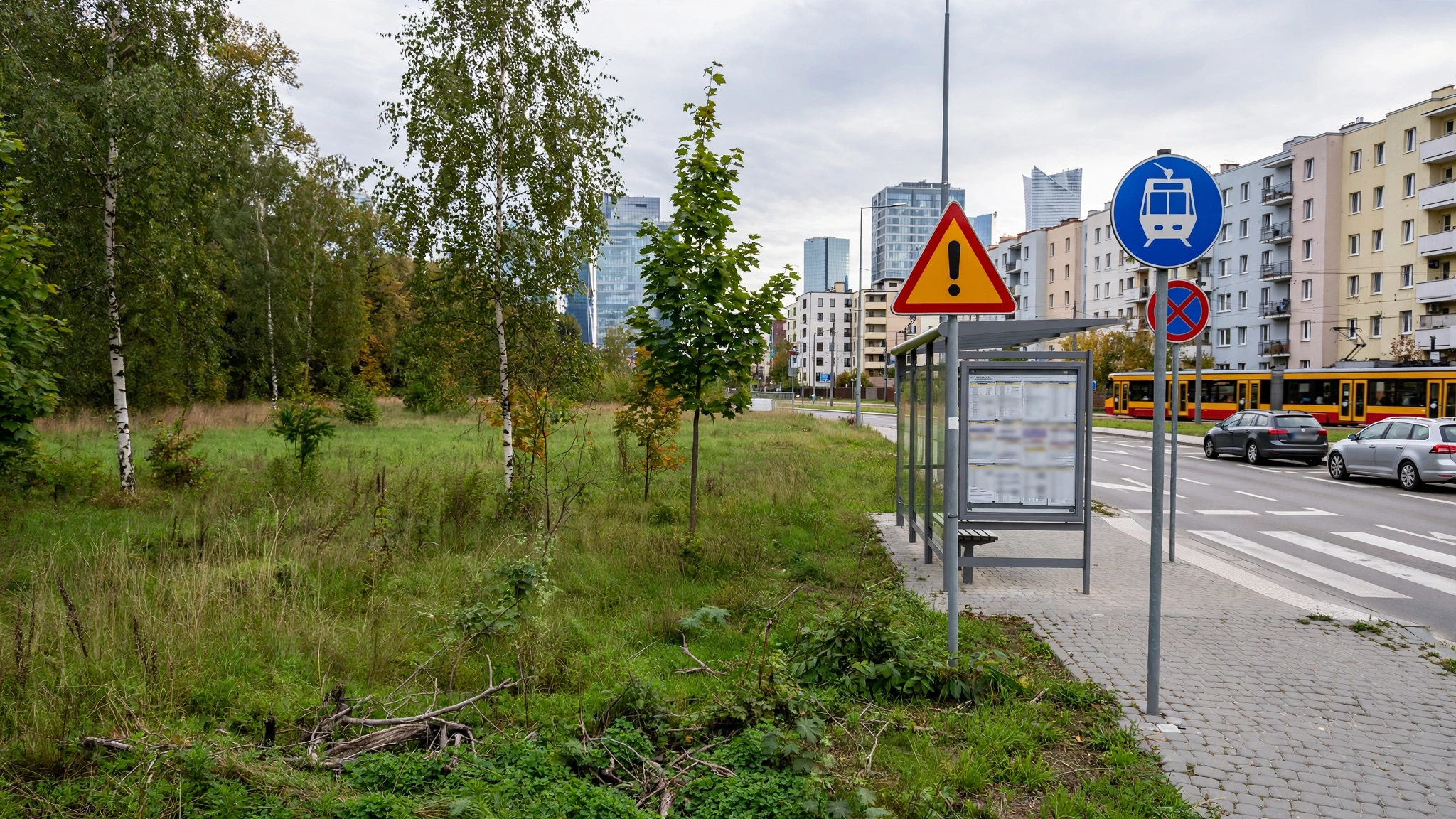 Niezabudowany teren zielony w Miasteczku Wilanów w Warszawie przy przystanku tramwajowym
