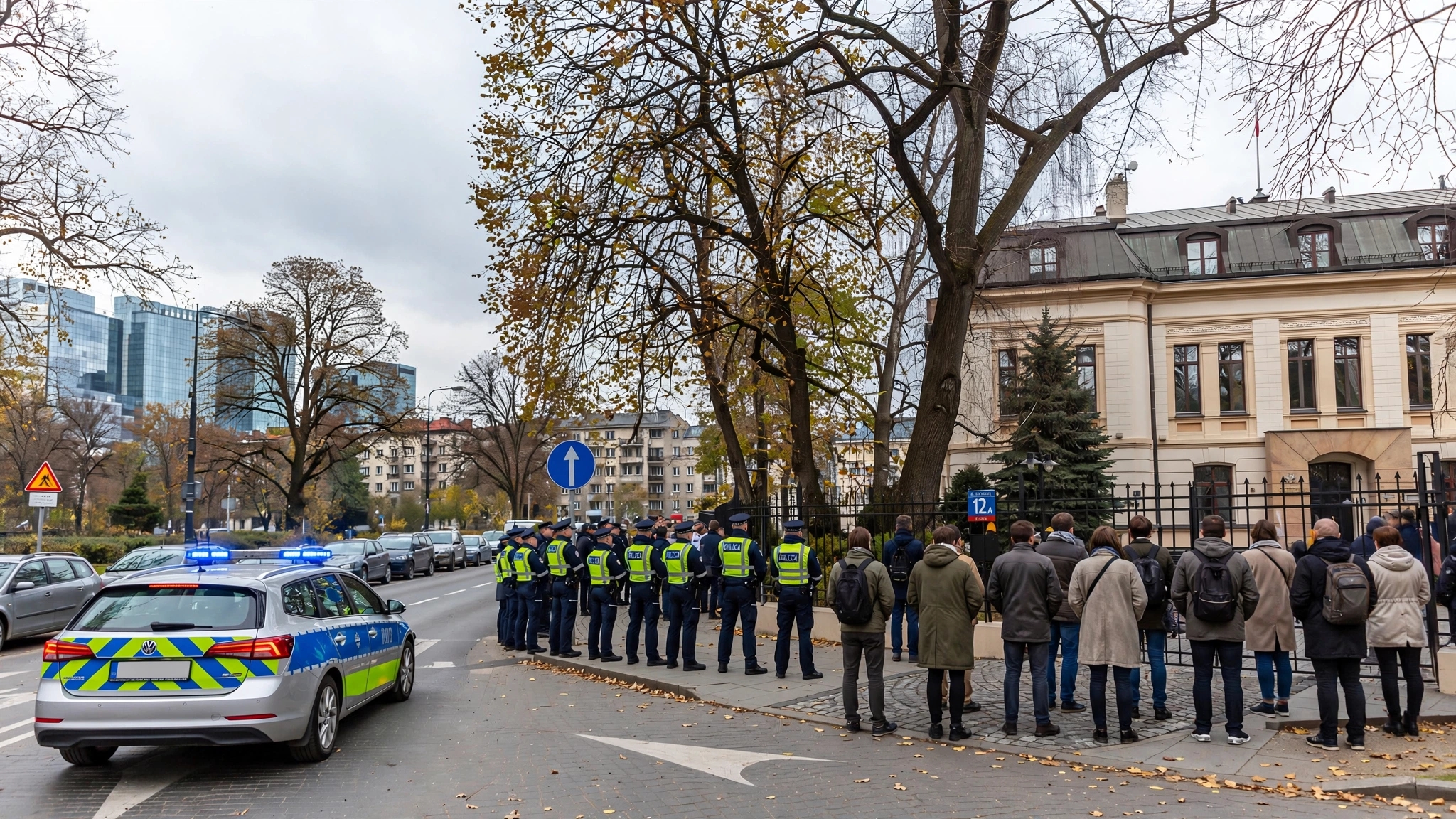 Policja i demonstranci przed budynkiem Trybunału Konstytucyjnego przy al. Szucha w Warszawie