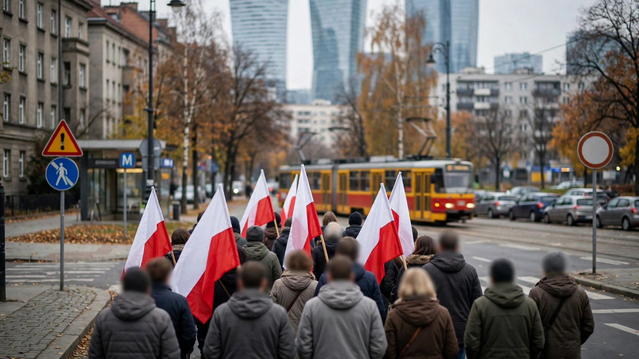 Uczestnicy Marszu Niepodległości w Warszawie z biało-czerwonymi flagami