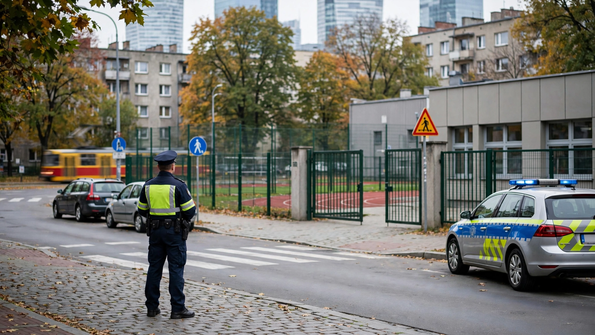 Policjant przed wejściem do szkoły w Warszawie