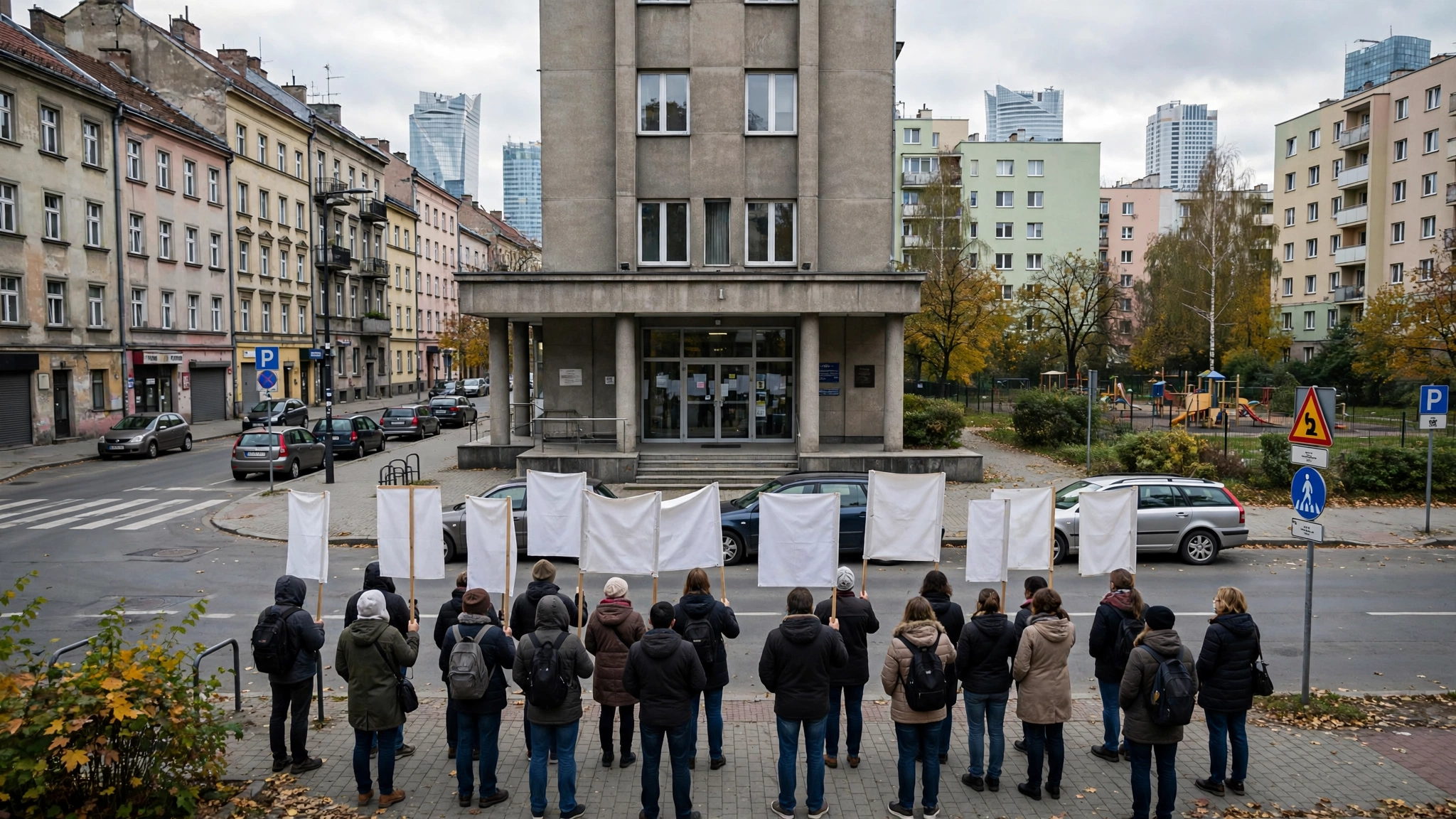 Mieszkańcy Pragi-Północ z transparentami przed urzędem dzielnicy podczas protestu przeciwko podwyżce czynszów