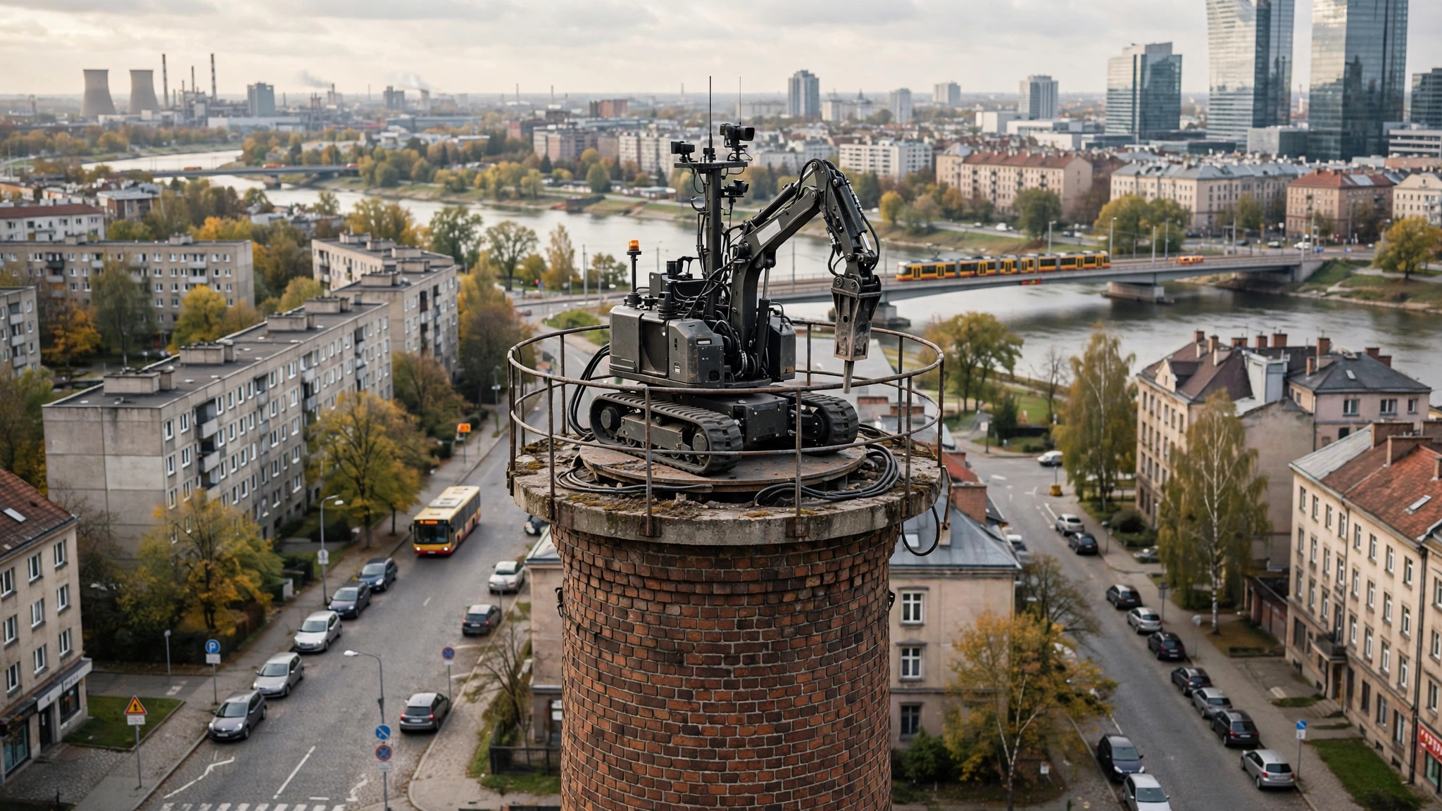 Robot na szczycie 200-metrowego komina Elektrociepłowni Siekierki podczas rozbiórki
