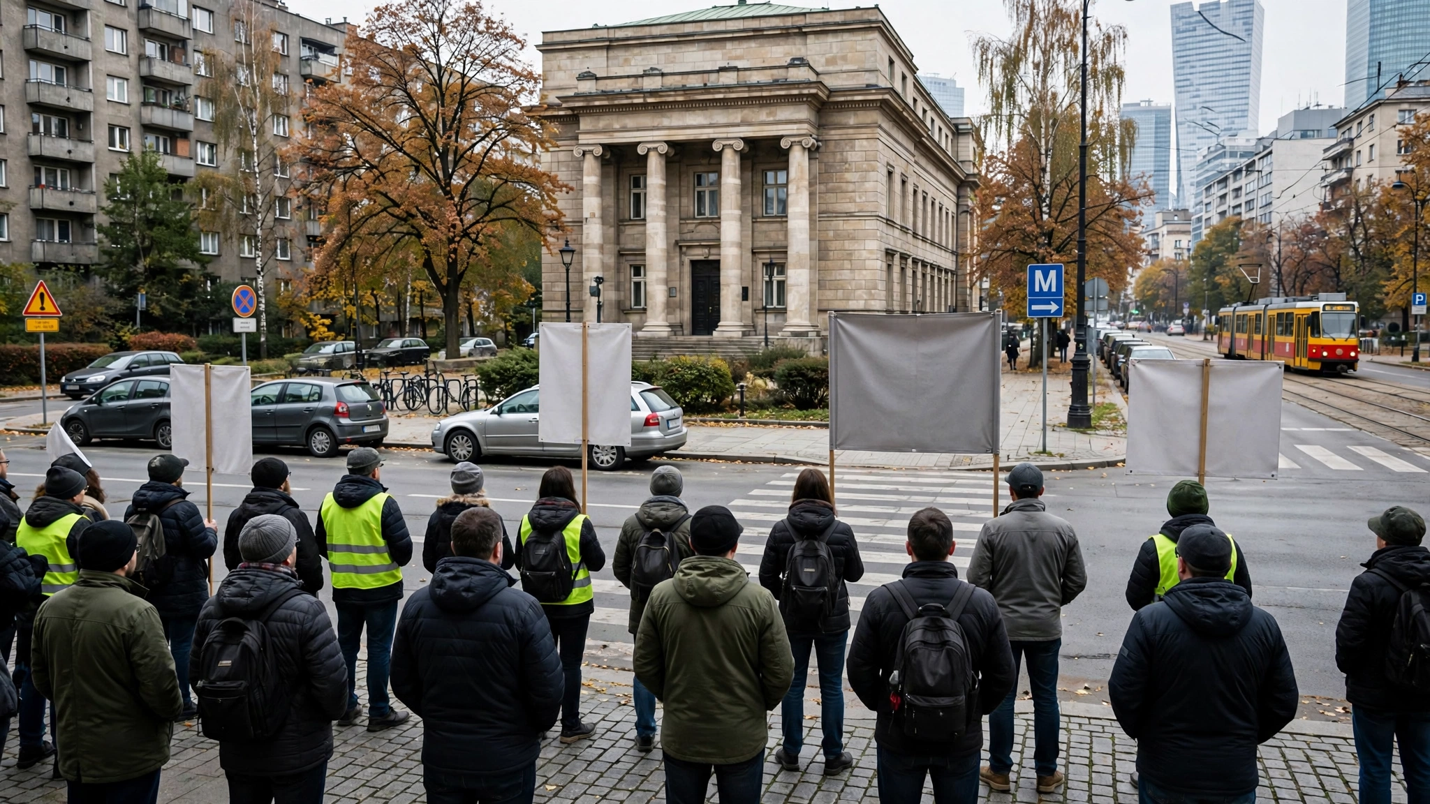 Związkowcy „Solidarności” i protestujący przed budynkiem Trybunału Konstytucyjnego w Alei Szucha w Warszawie