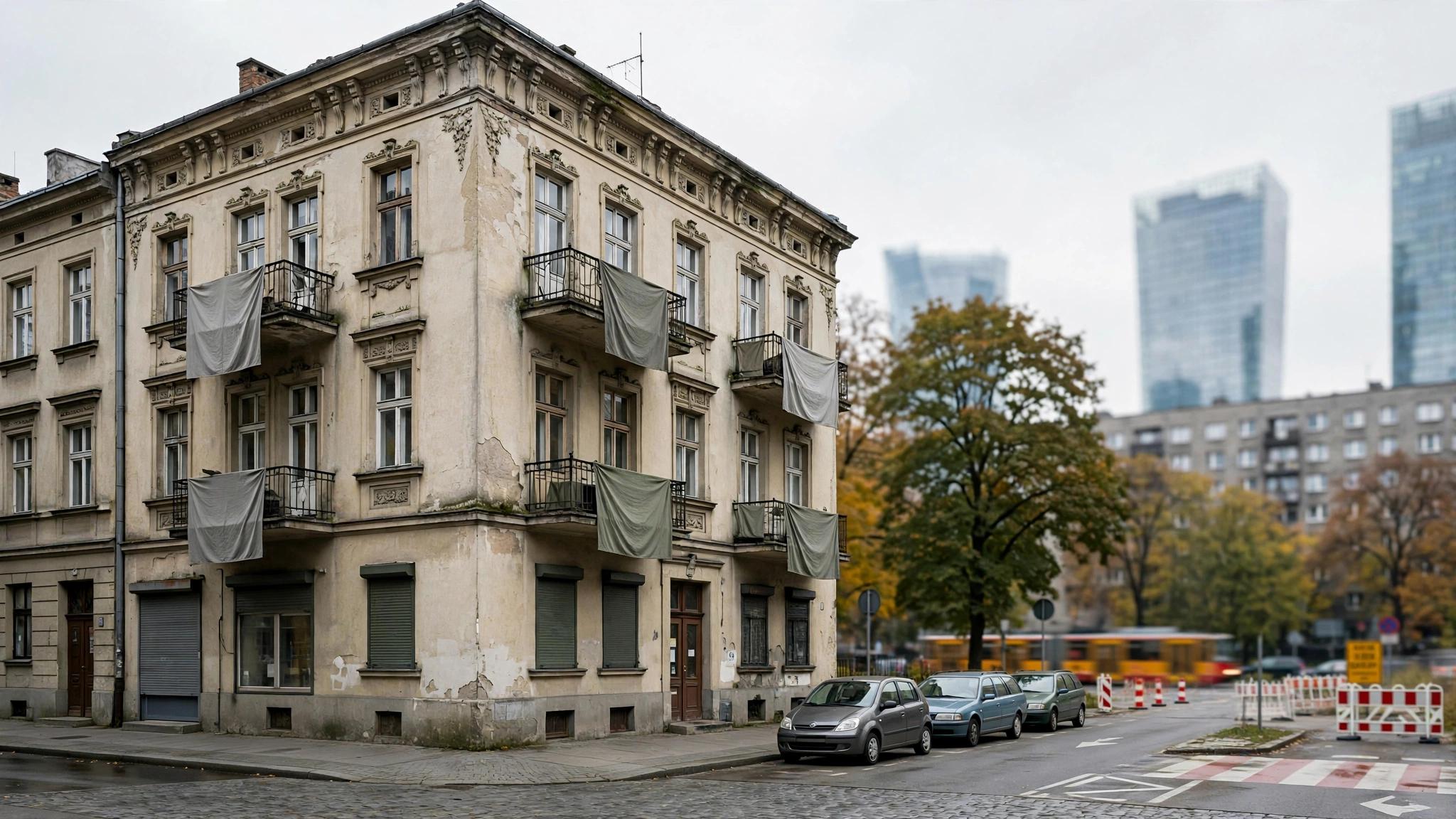 Zabytkowa kamienica przy ulicy Środkowej 11 na warszawskiej Pradze z banerami protestujących lokatorów na balkonach