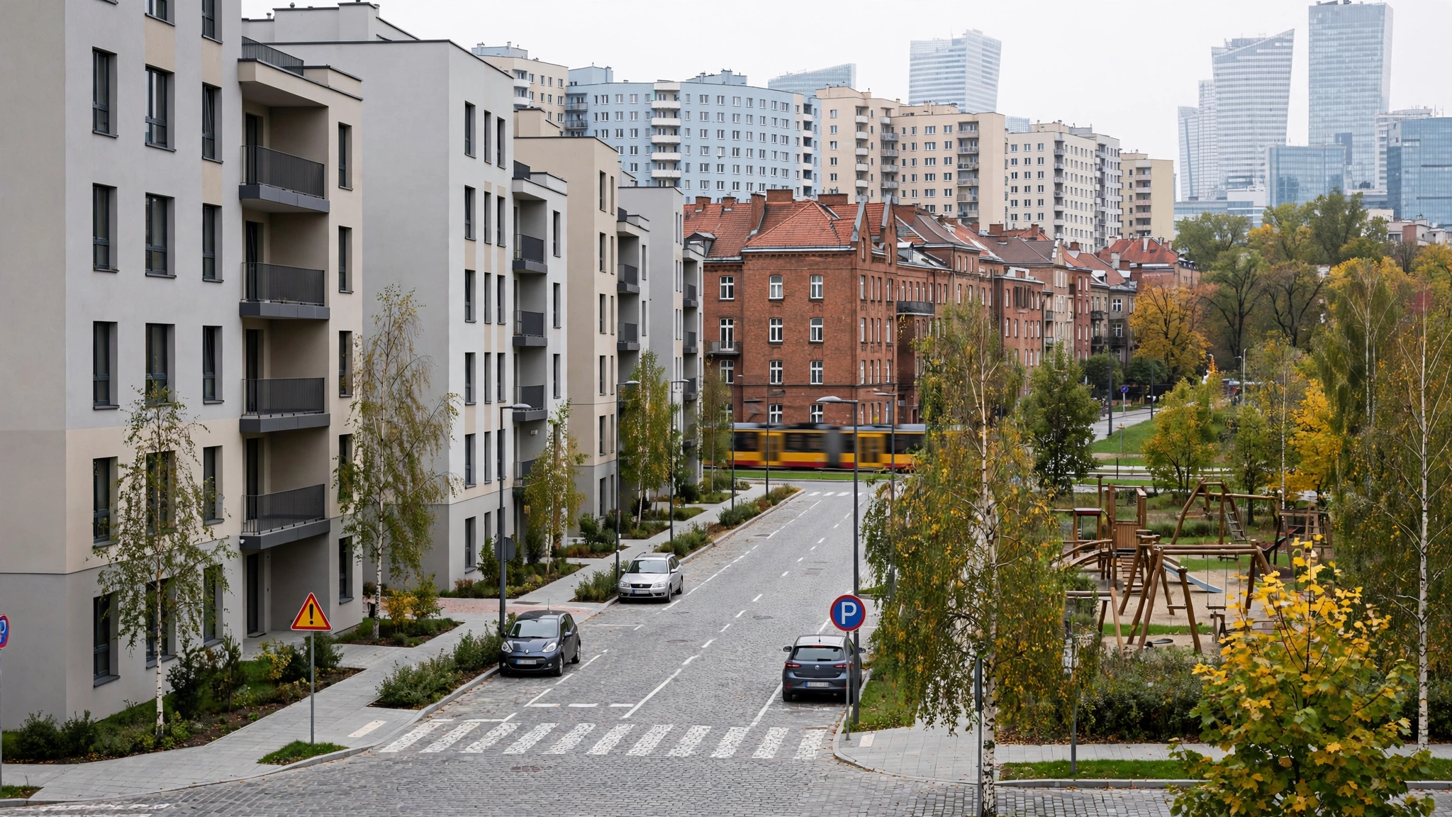 Nowe apartamentowce osiedla Stacja Wola na warszawskiej Woli, z kamienicami z czerwonej cegły w tle