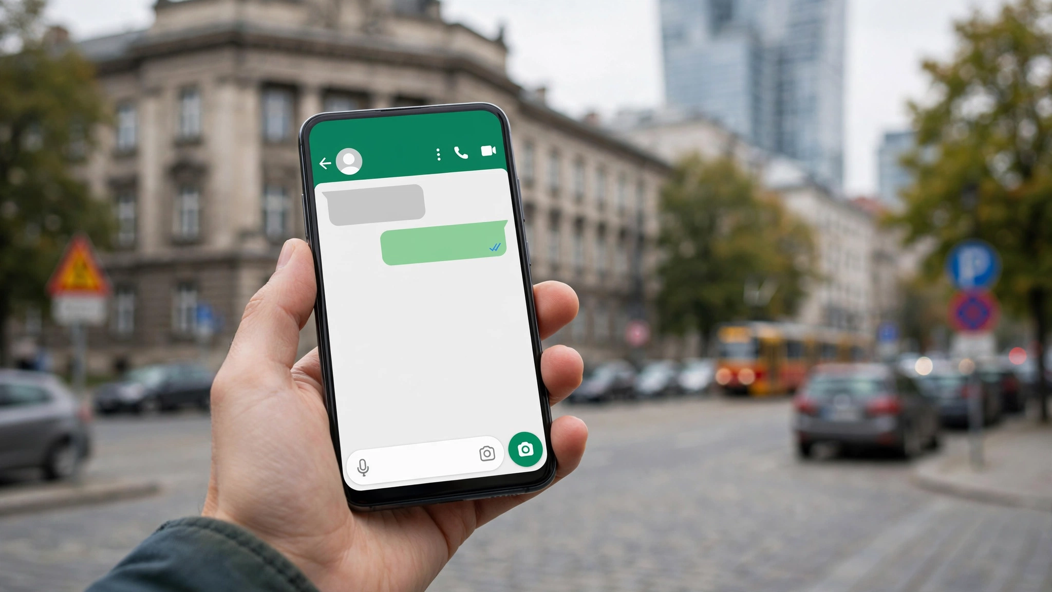 Smartfon z aplikacją WhatsApp w ręku na tle budynku uczelni w Warszawie