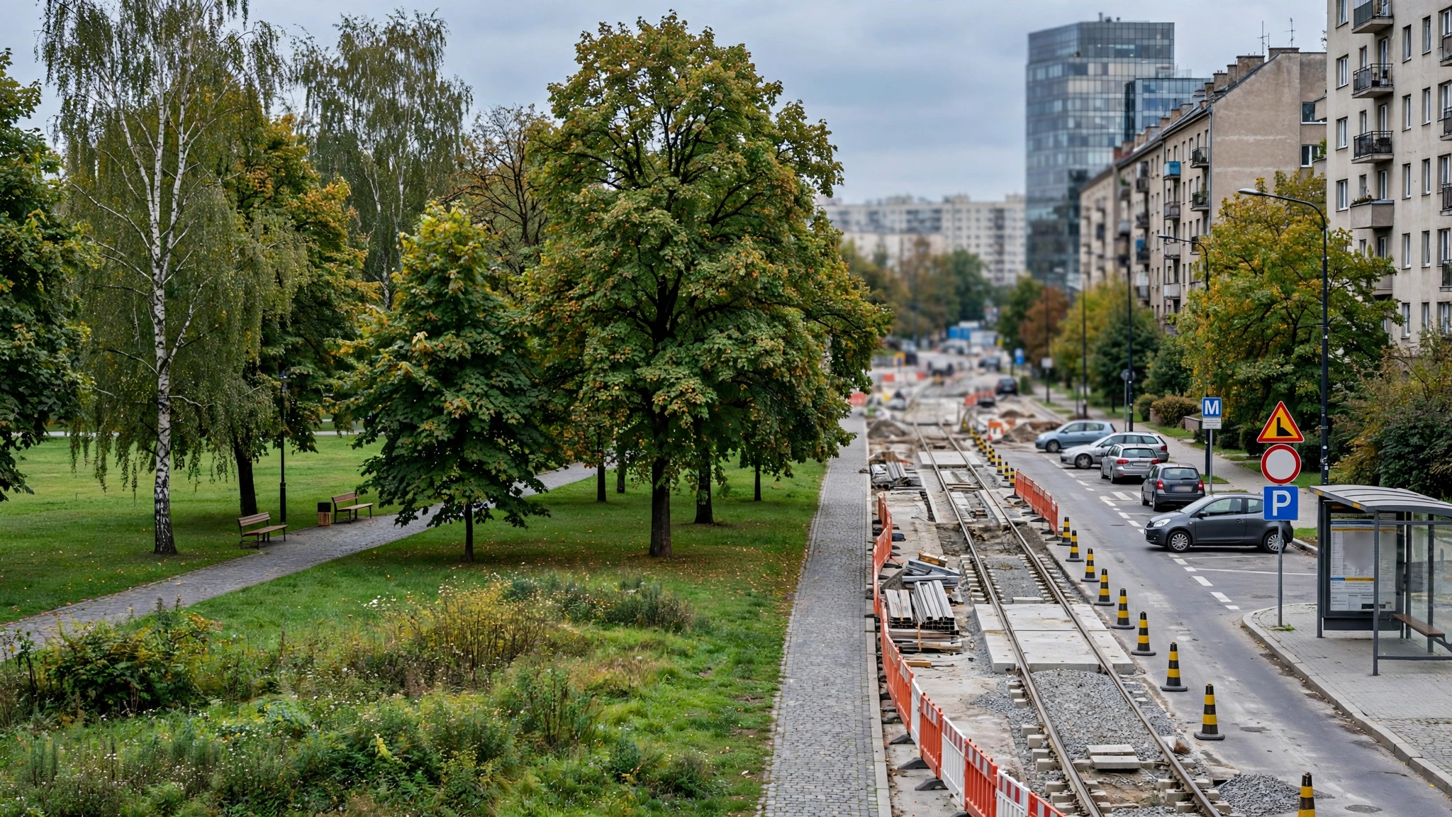 Zielony teren Pola Mokotowskiego w Warszawie z widokiem na ulicę, gdzie ma powstać linia tramwajowa