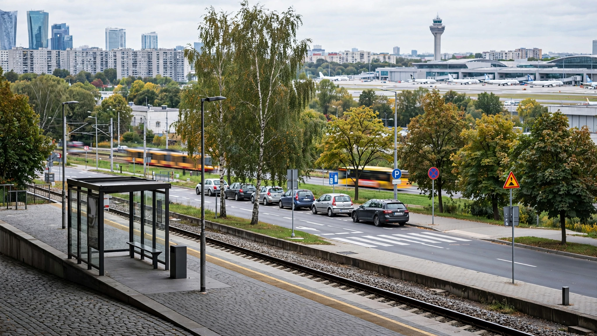 Peron przystanku kolejowego Warszawa Okęcie z widokiem na pobliskie Lotnisko Chopina