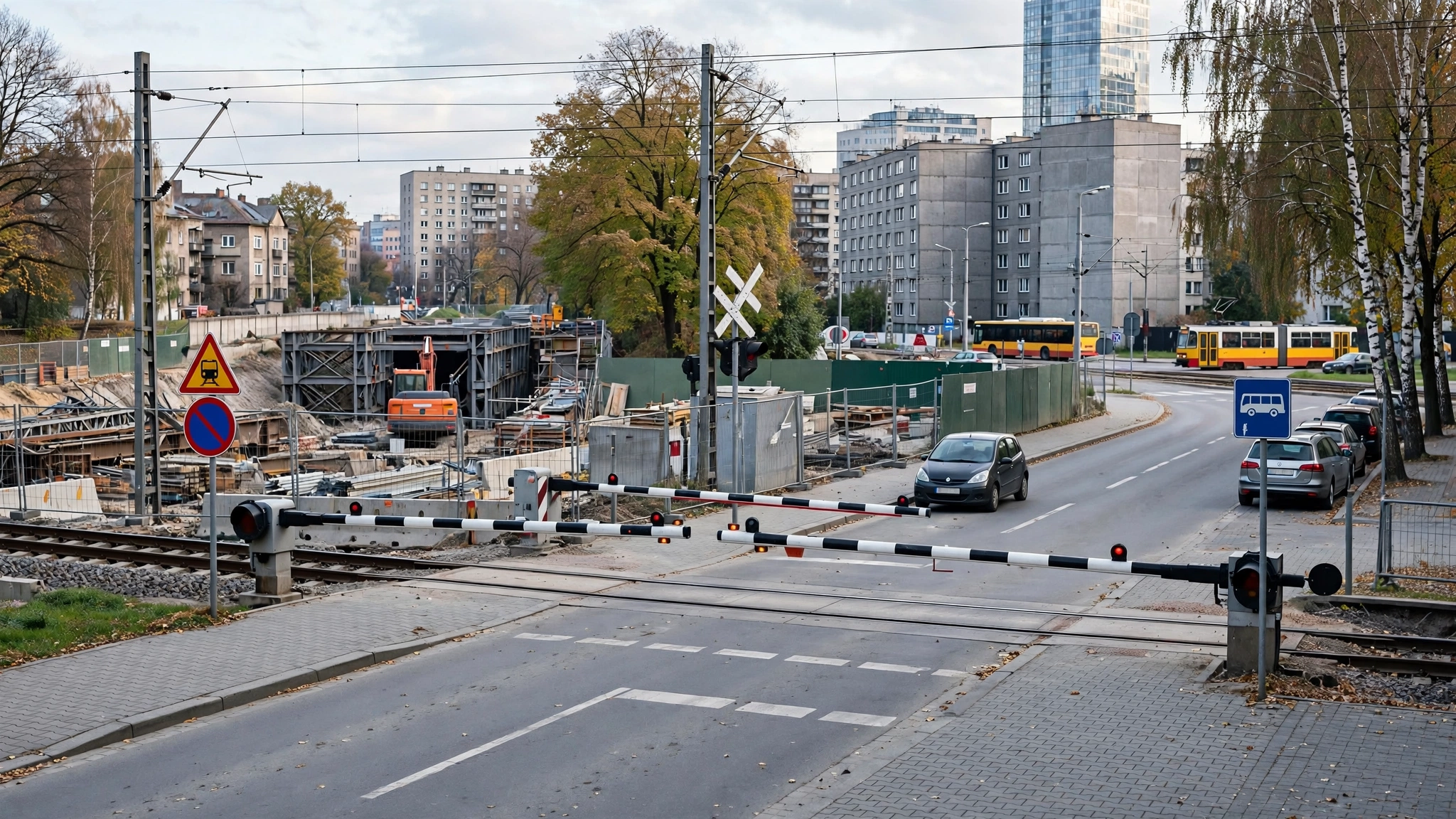 Zamknięty przejazd przez tory kolejowe w Wesołej, miejsce budowy tunelu pod linią PKP
