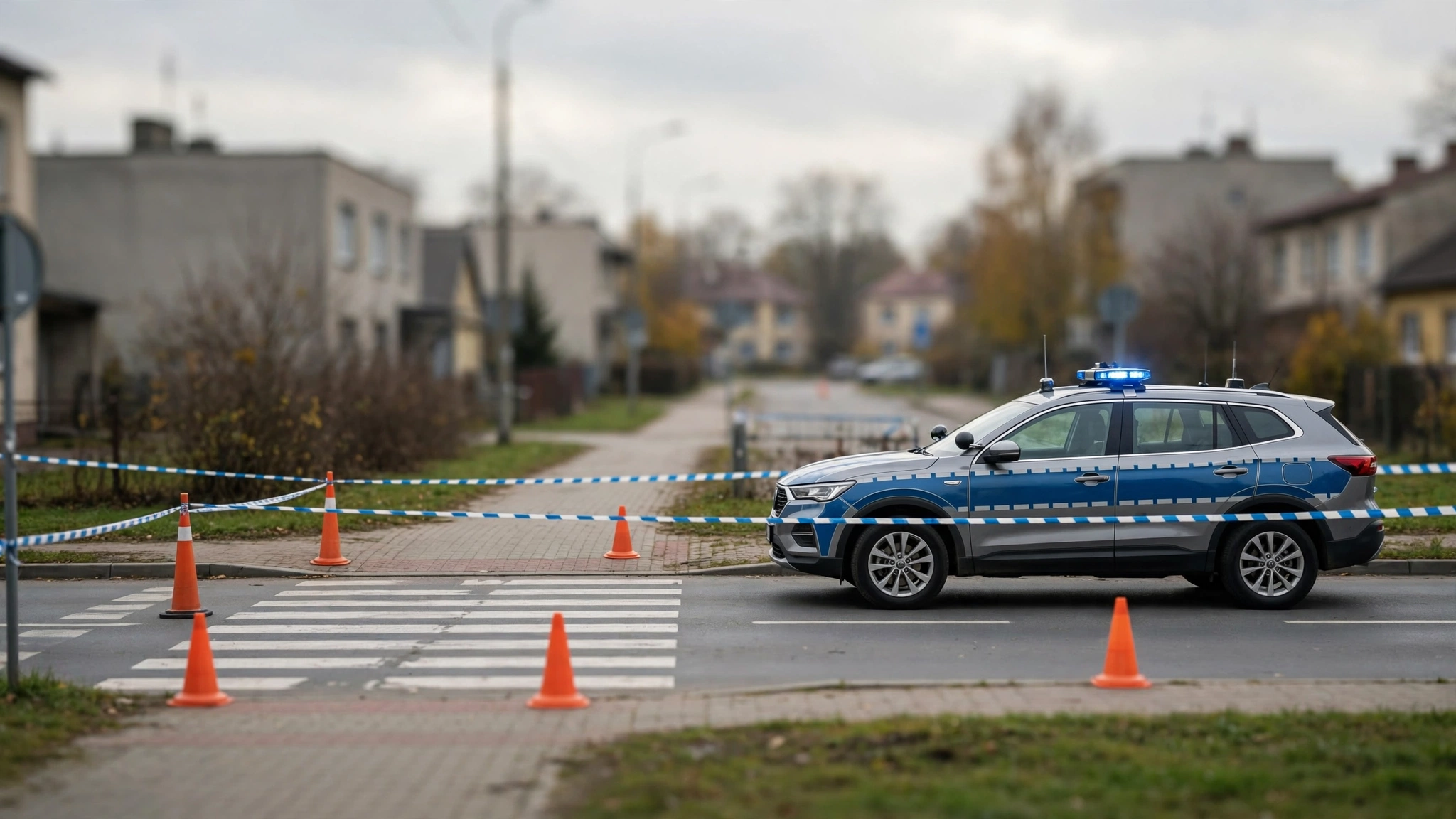 Radiowóz policji na miejscu potrącenia pieszej na przejściu dla pieszych w Duczkach