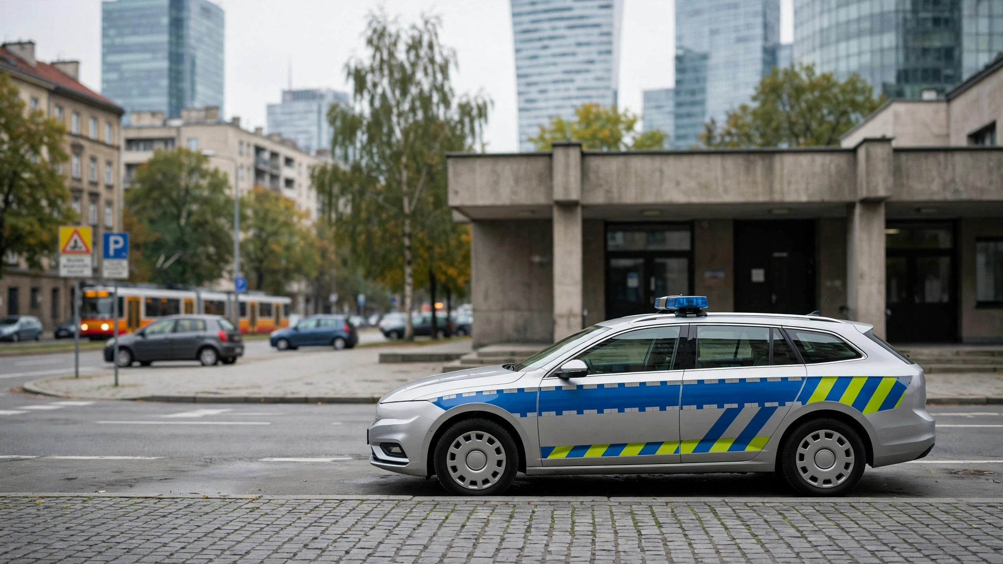 Policyjny radiowóz przed komendą, symboliczne zdjęcie do wiadomości o zatrzymaniu podejrzanego o czyny pedofilskie