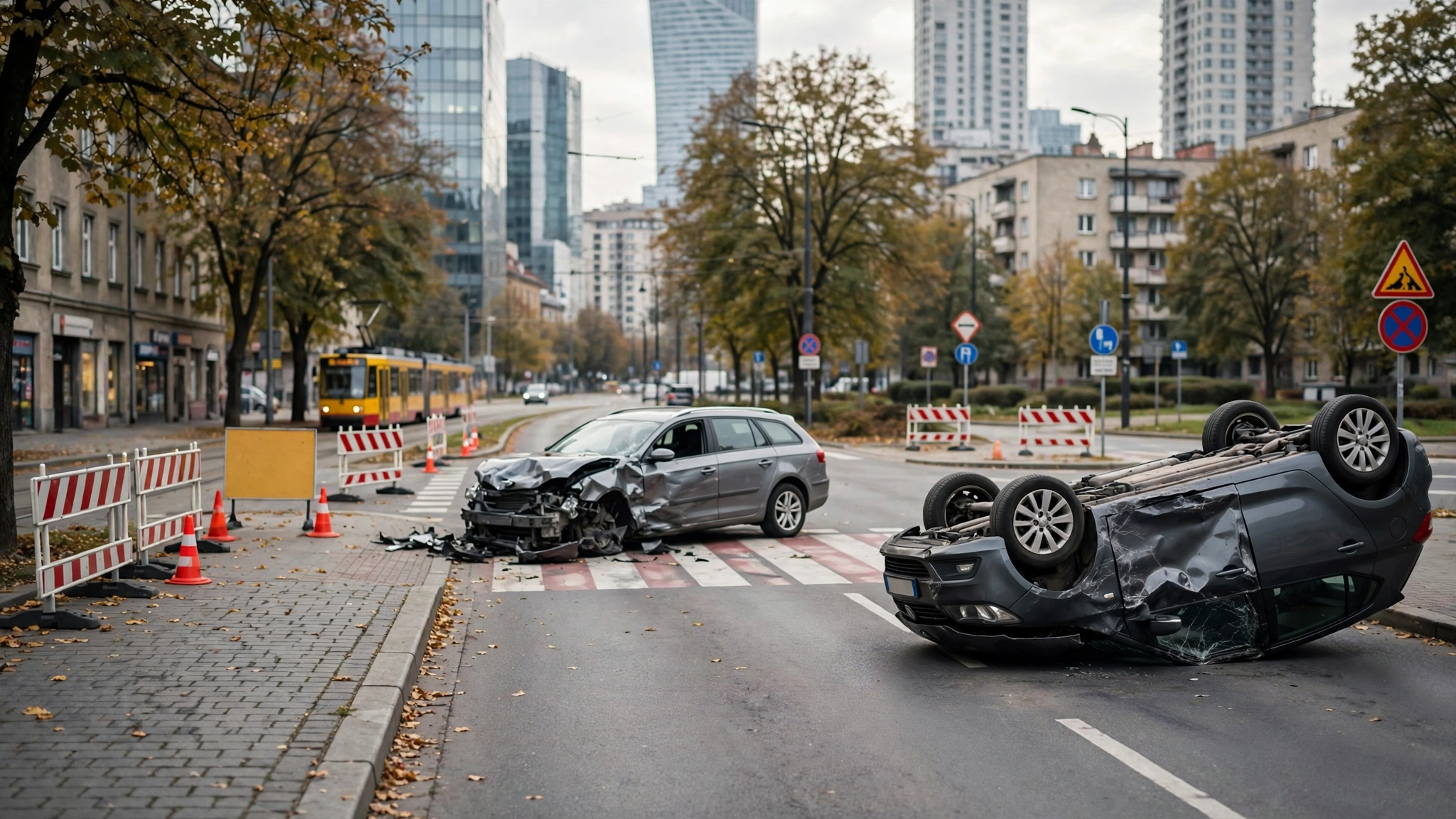 Samochody po zderzeniu na Alei Armii Ludowej w Warszawie, jeden przewrócony na bok