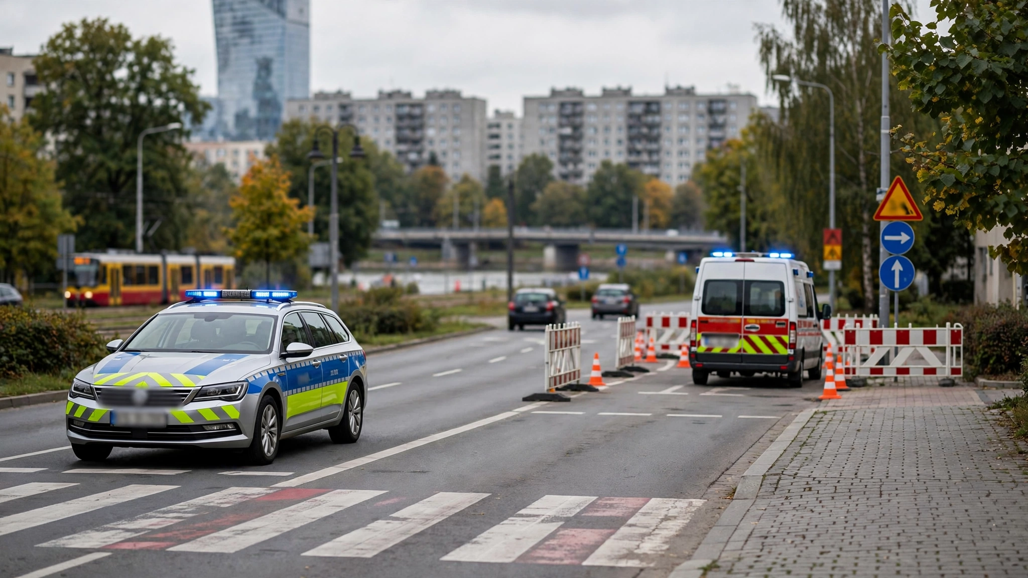 Radiowóz policji i służby ratunkowe na Trasie Łazienkowskiej w Warszawie przy zjeździe na Wisłostradę