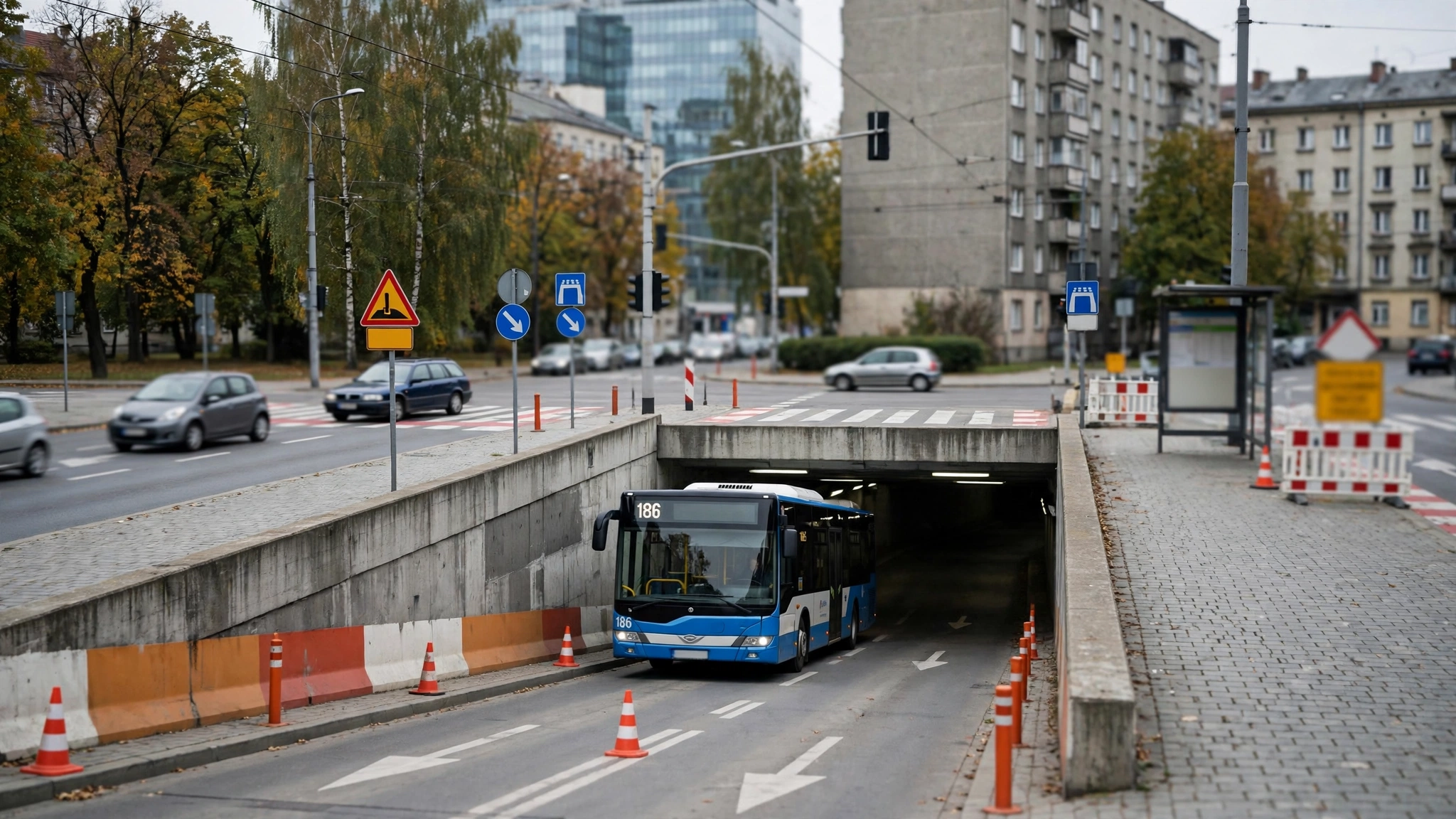 Autobus linii 186 po wjechaniu w przejście podziemne przy Rondzie Zesłańców Syberyjskich w Warszawie