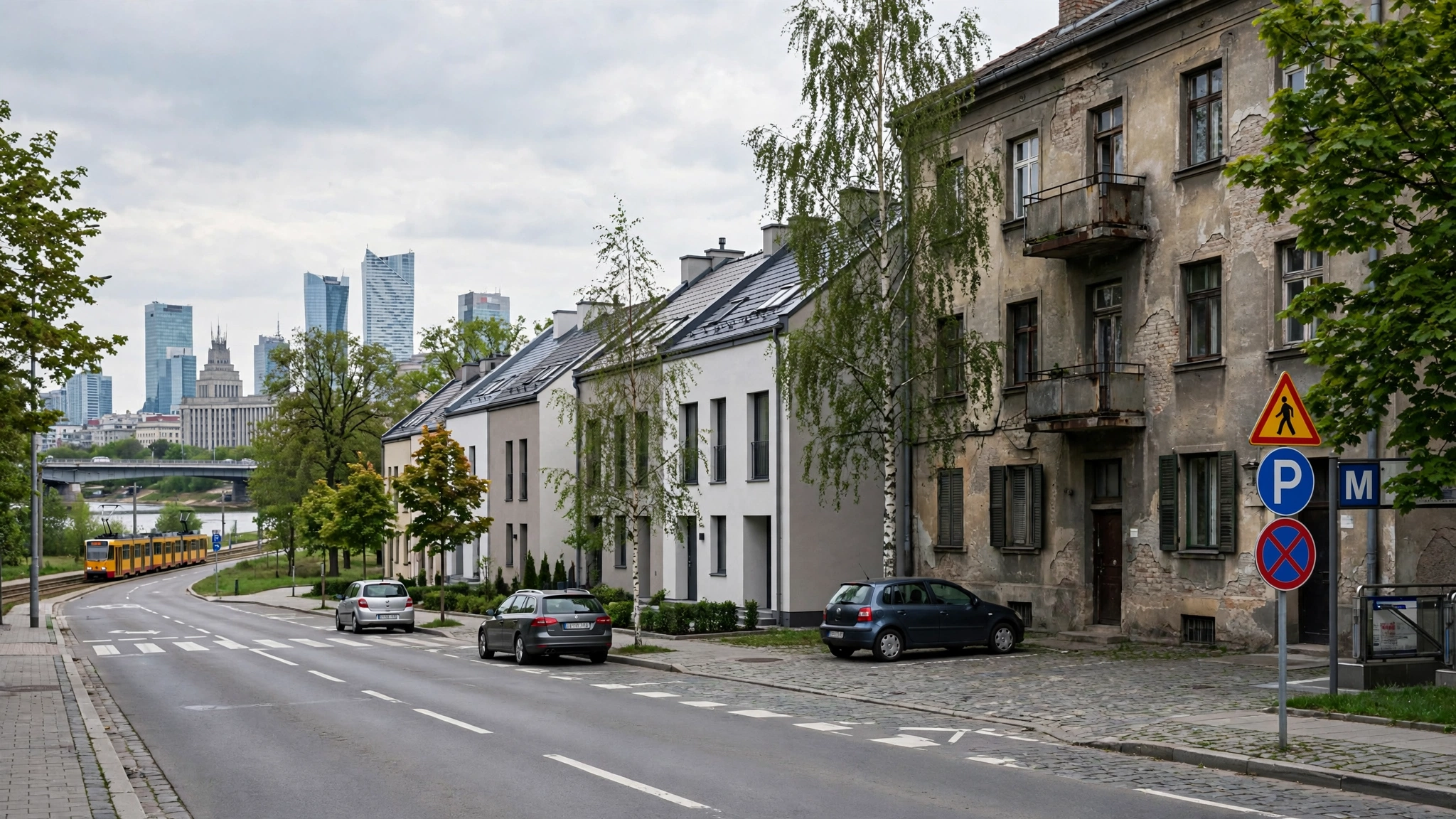 Szeregowa zabudowa mieszkaniowa na przedmieściach Warszawy, nowe domy obok starszych budynków